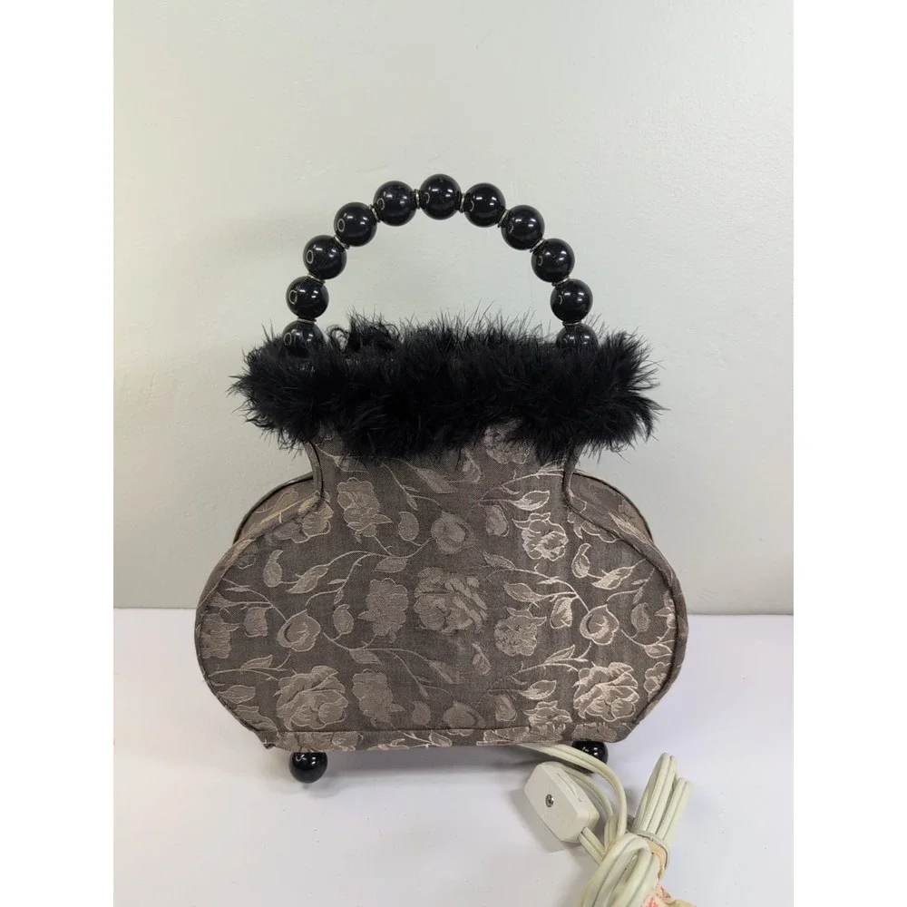 Vintage Style Boutique Purse Lamp Feathered Rare Handbag Dark Fur Beaded Deco